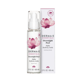 DERMA E Essentials Overnight Peel bottle close-up highlighting vegan formula for radiant skin.