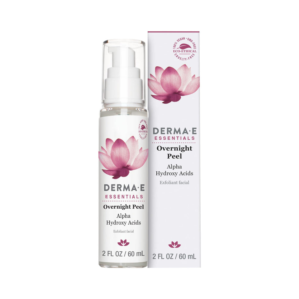 DERMA E Essentials Overnight Peel bottle close-up highlighting vegan formula for radiant skin.