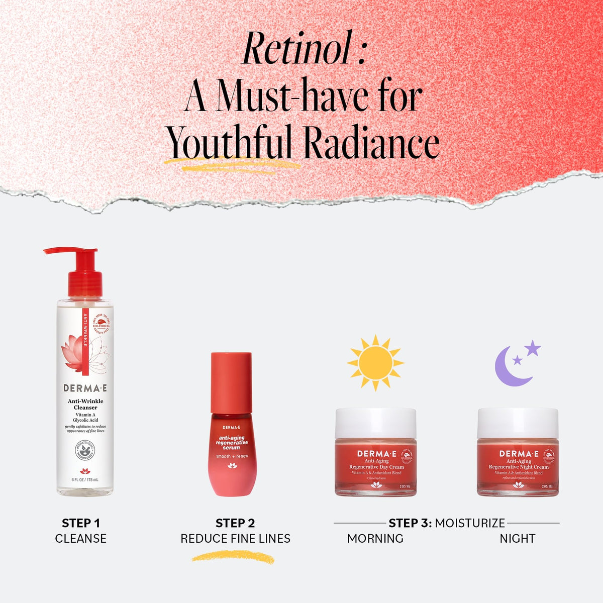 DERMA E face serum daily routine showing evening use with moisturizer