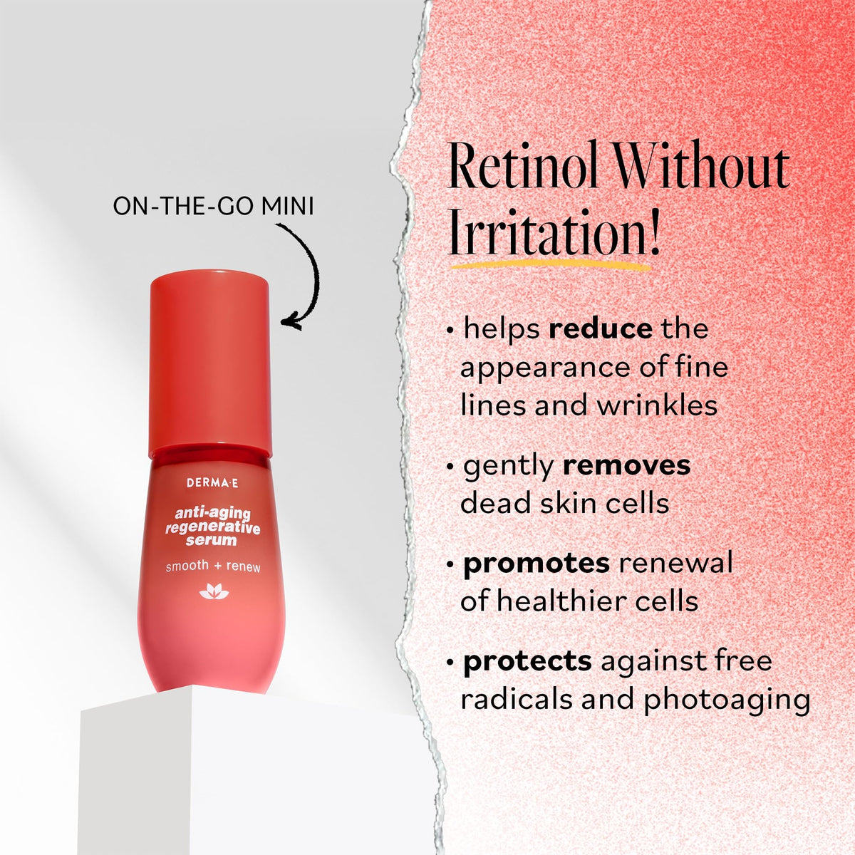 DERMA E face serum texture and application demonstrating quick-absorbing formula