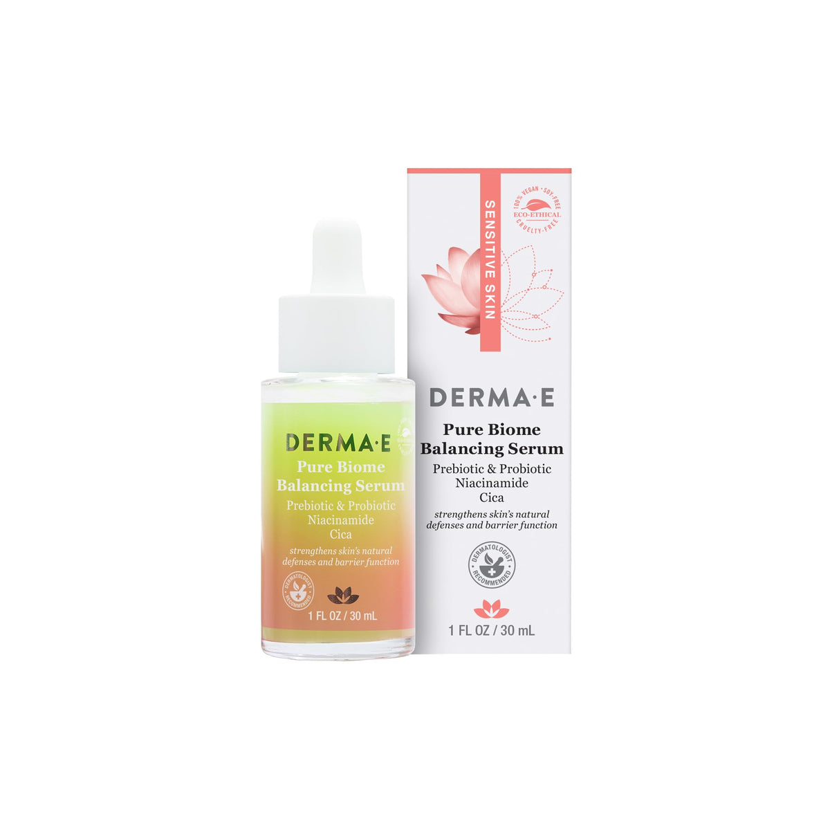 Derma-E Pure Biome Balancing Serum bottle demonstrates gentle hydration for sensitive skin.