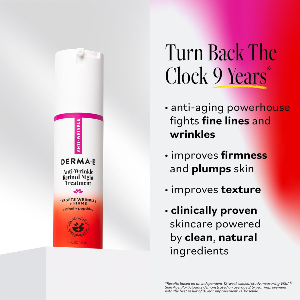Derma E retinol night treatment jar close-up shows gentle nightly use.
