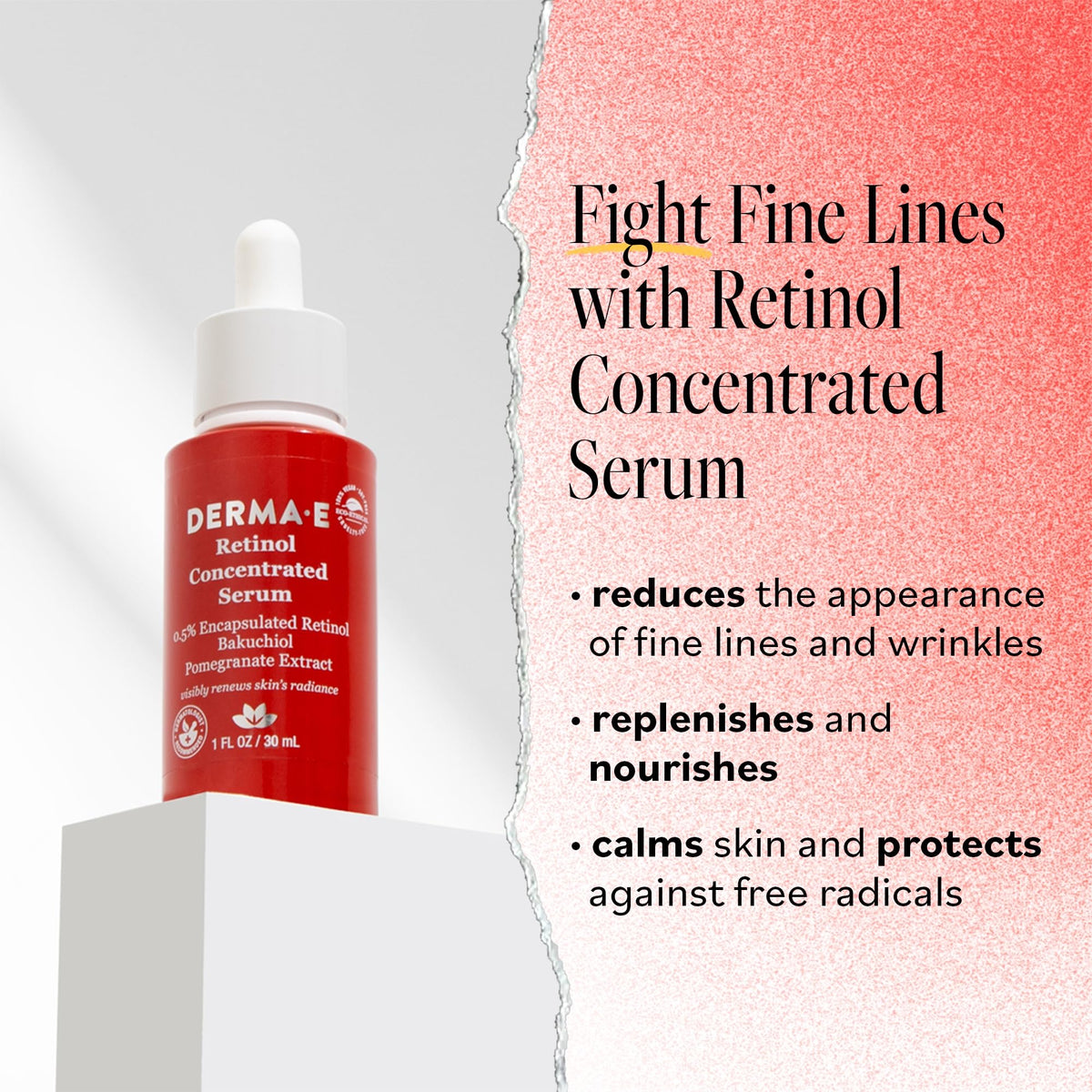 DERMA E dropper dispenses retinol for a calm nightly application