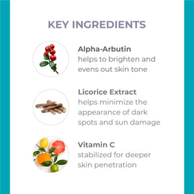 Derma E label closeup highlights licorice and alpha-arbutin for brightening potential.