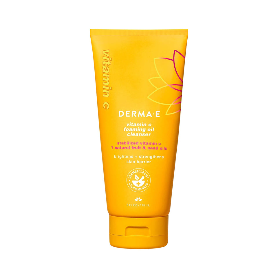Derma E Vitamin C Foaming Oil Cleanser bottle pour demonstrates easy makeup removal with a refreshing finish
