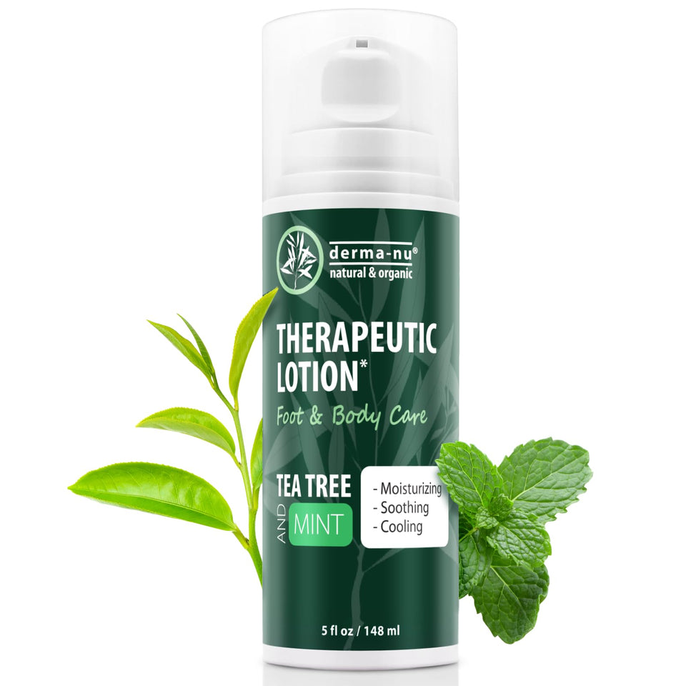 Derma-Nu Foot Lotion bottle with Tea Tree for itch relief and refreshed feet.