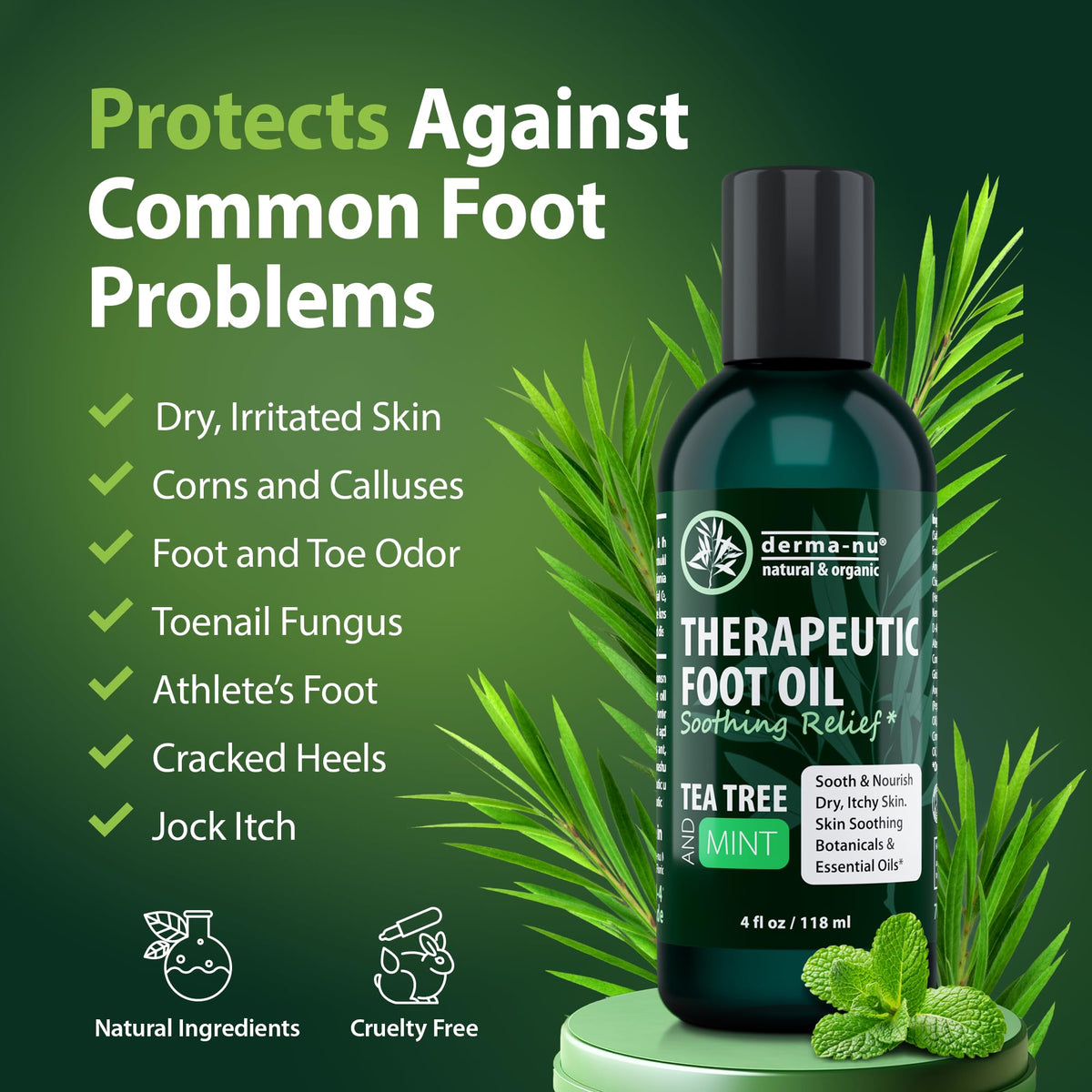 Close-up of Derma-Nu tea tree foot oil for refreshing moisture