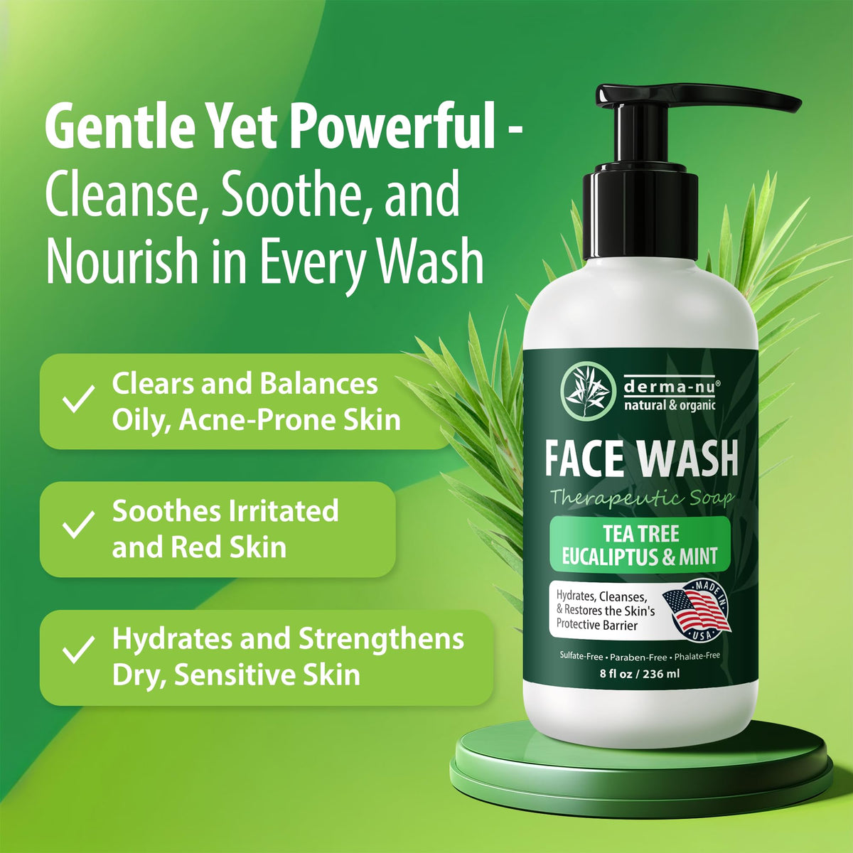 Derma-Nu Gentle Face Wash Centella Asiatica image highlights calming botanical extract.