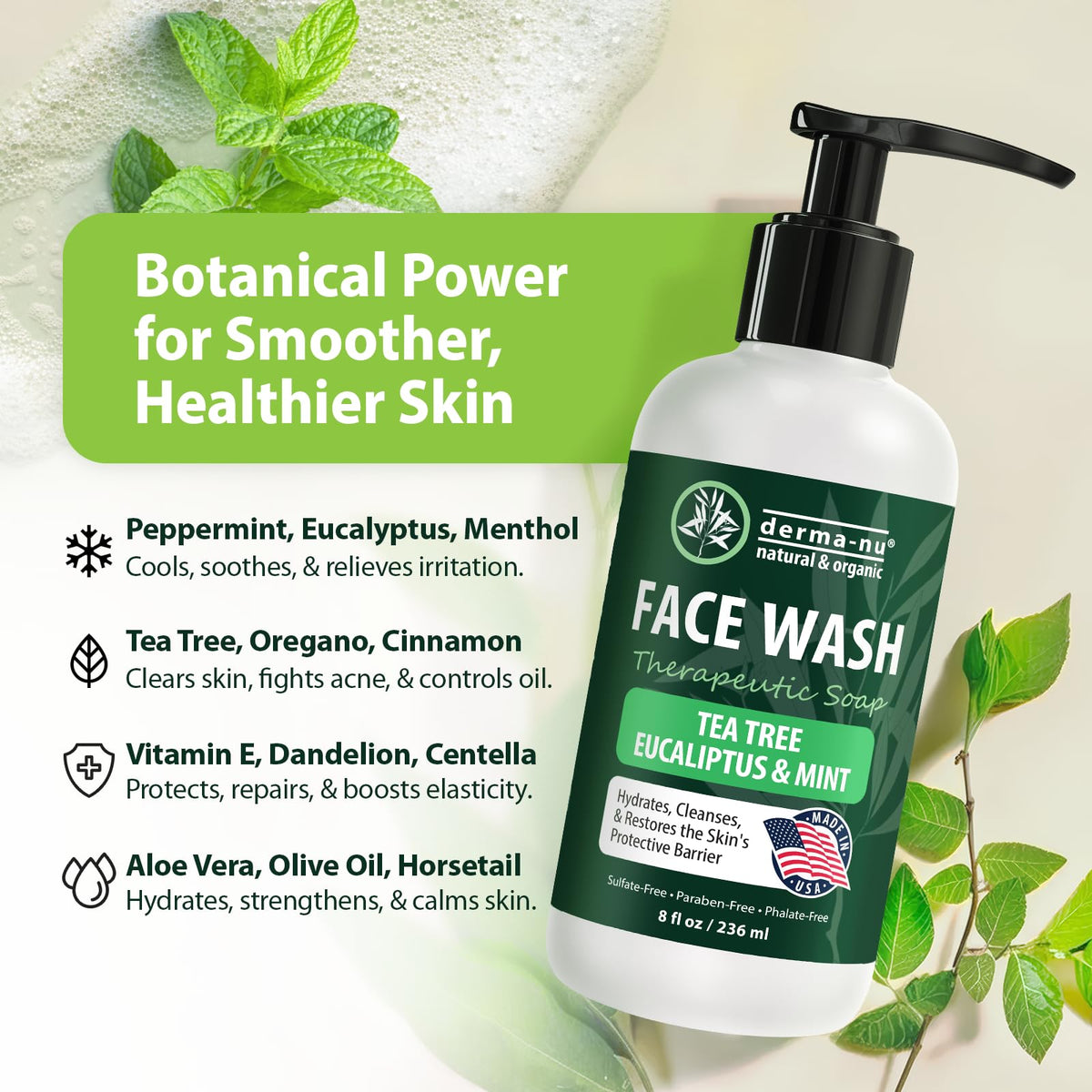 Derma-Nu Gentle Face Wash pump closeup emphasizes a soothing, non-drying lather.