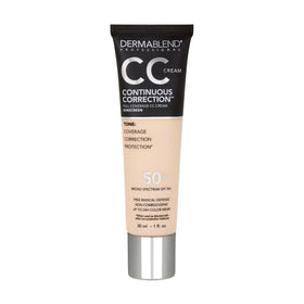 Dermablend Continuous Correction CC Cream bottle with SPF 50+, even tone protection.