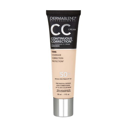 Dermablend Continuous Correction CC Cream bottle with SPF 50+, even tone protection.