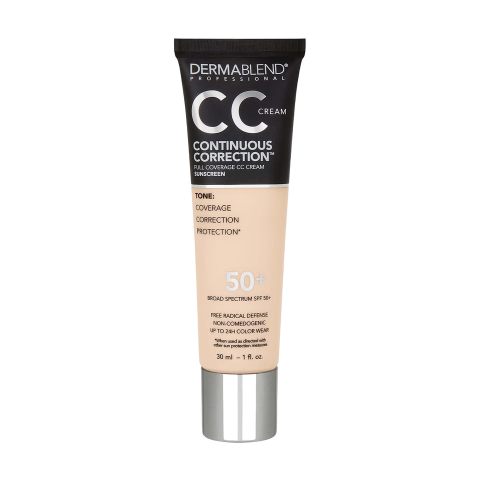 Dermablend Continuous Correction CC Cream bottle with SPF 50+, even tone protection.