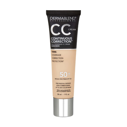 Dermablend Continuous Correction CC Cream bottle for even tone and SPF 50+ protection.