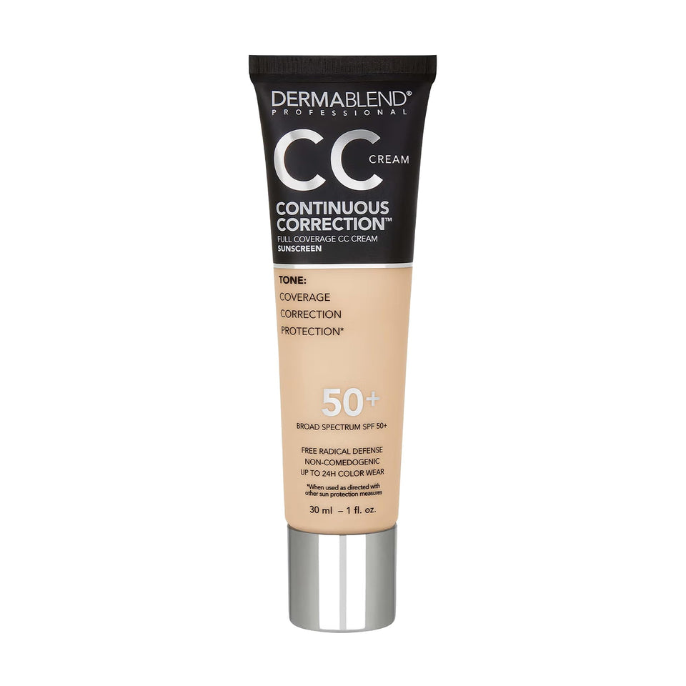 Dermablend Continuous Correction CC Cream bottle for even tone and SPF 50+ protection.