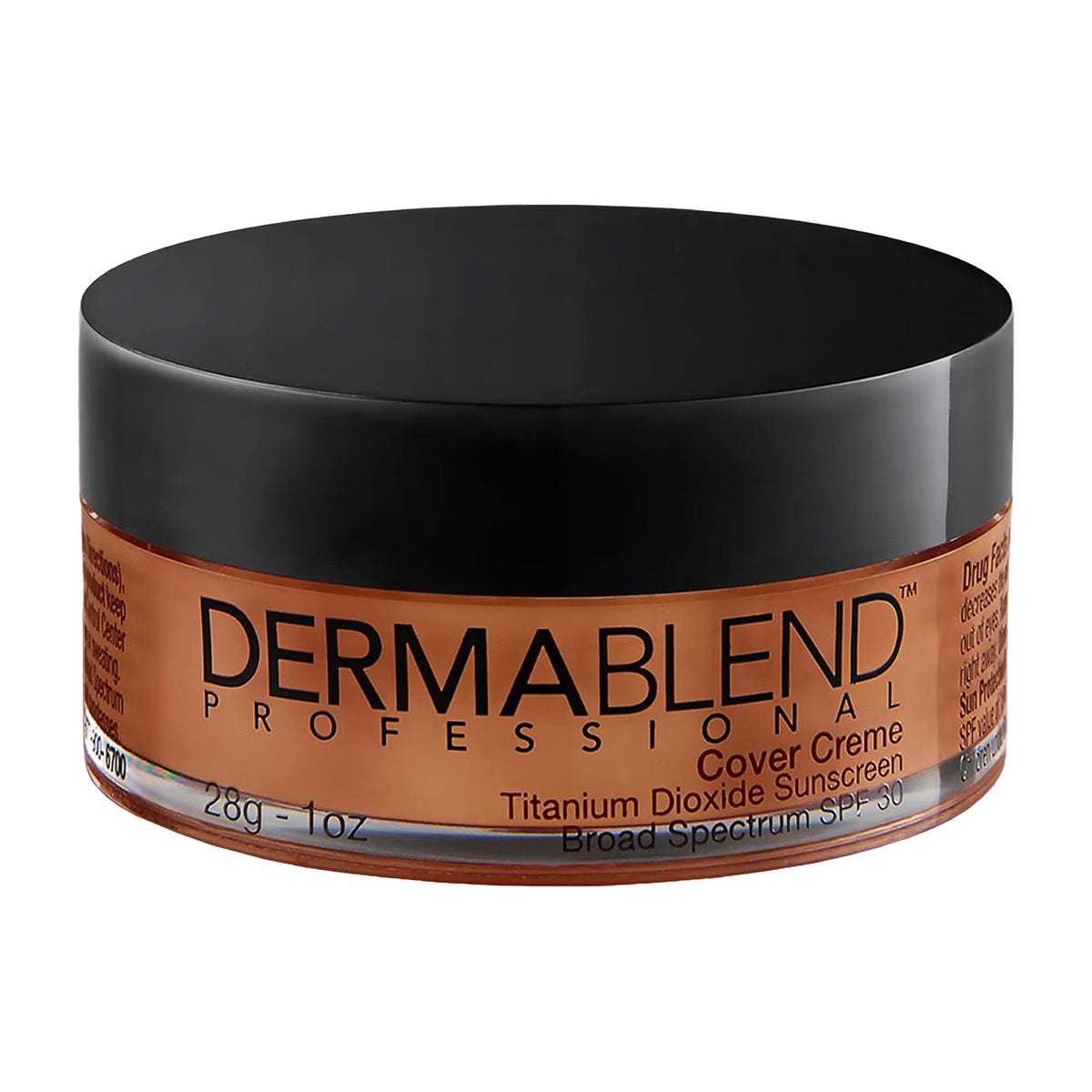 Dermablend Cover Creme 65W Golden Bronze jar demonstrates full coverage with a natural finish.