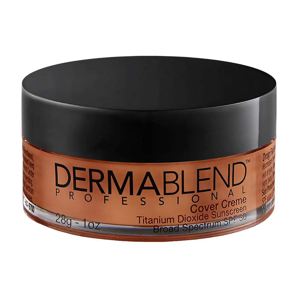 Dermablend Cover Creme 65W Golden Bronze jar demonstrates full coverage with a natural finish.