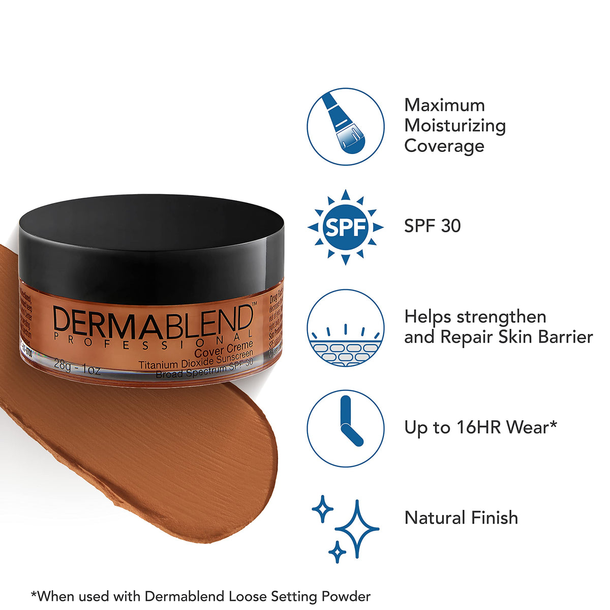 Dermablend Cover Creme 65W Golden Bronze swatches show creamy, blendable texture.