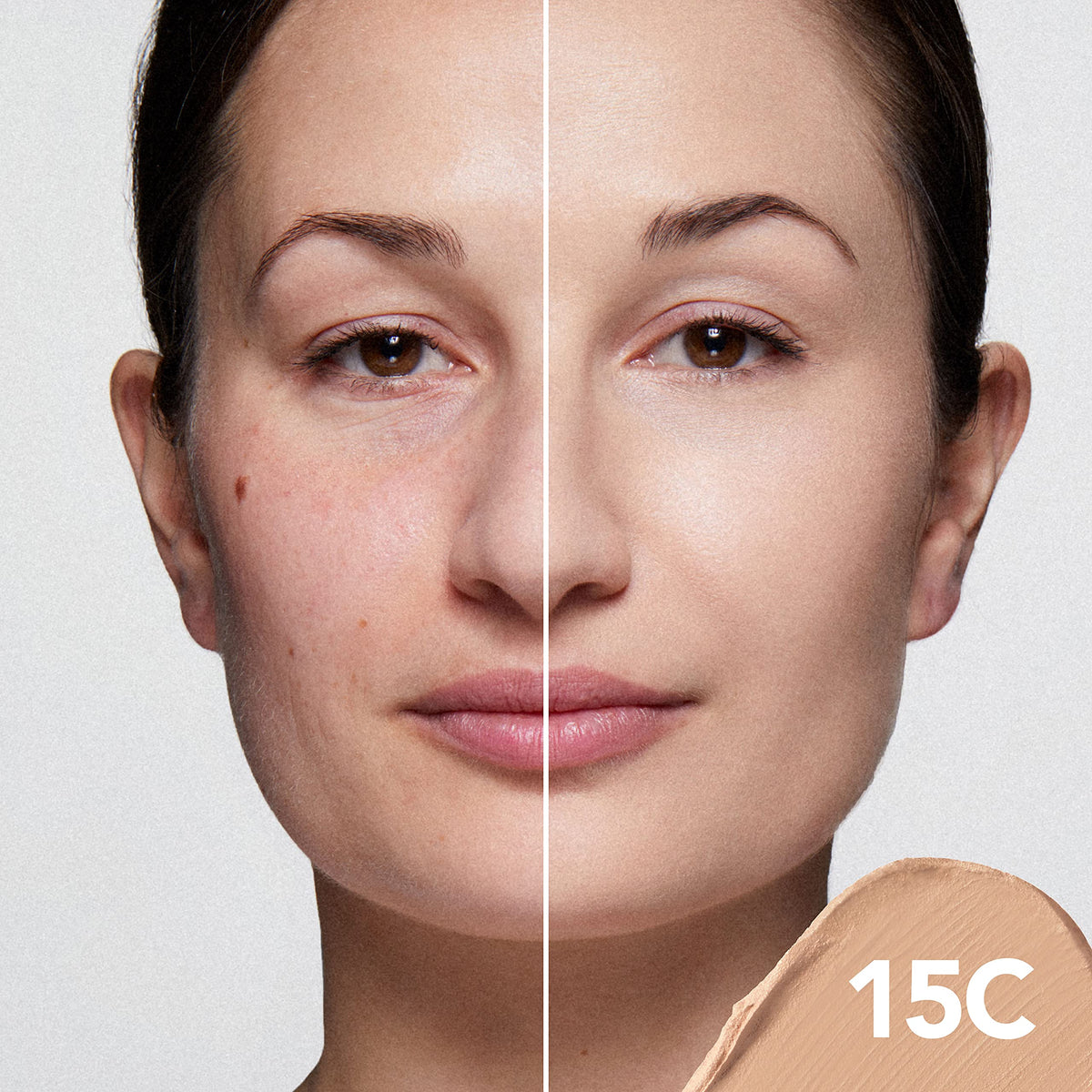 Swatch of 15C Cool Beige demonstrates skin-matched tone and seamless blend.