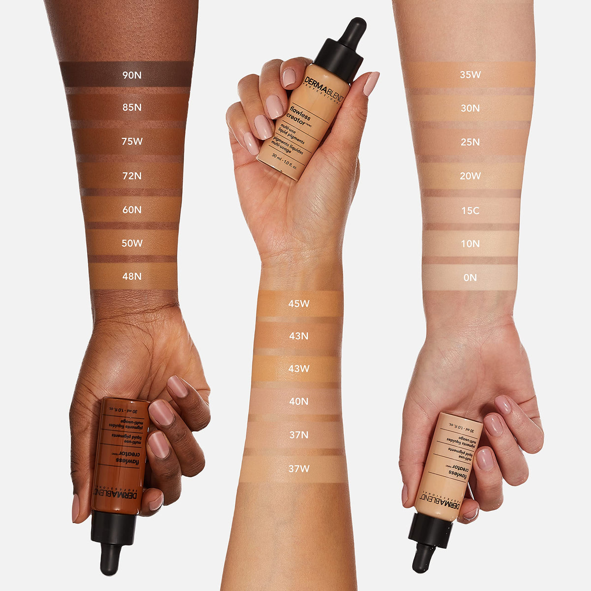 Dermablend Flawless Creator liquid texture closeup highlights buildable coverage.