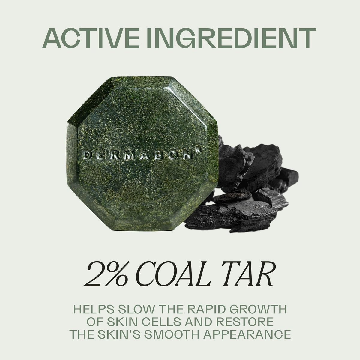 Dermabon coal tar soap bar lather shot suggests rich, soothing wash.