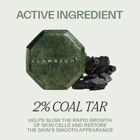 Dermabon coal tar soap bar lather shot suggests rich, soothing wash.