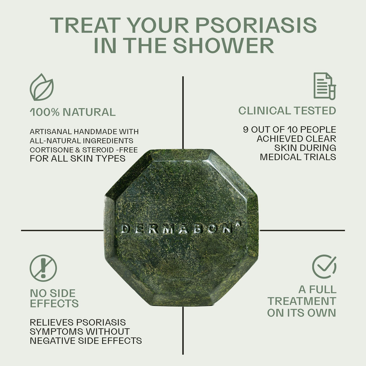 Dermabon coal tar soap bar in shower setting implies daily use for irritated skin.