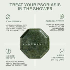 Dermabon coal tar soap bar in shower setting implies daily use for irritated skin.
