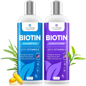 DermaChange hair growth shampoo bottle close-up highlighting biotin-rich formula for fuller-looking hair