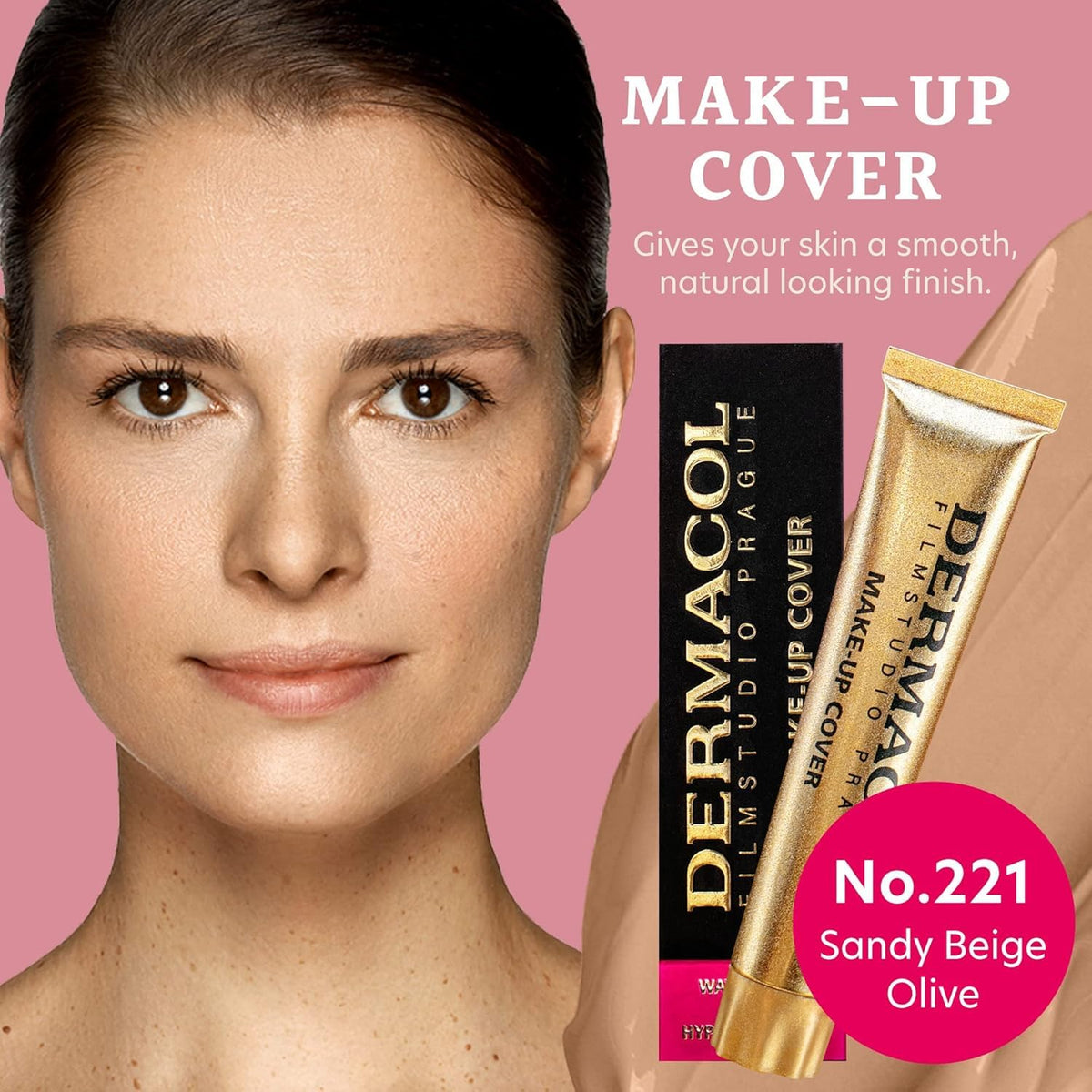 Dermacol 221 close-up texture demonstrates high coverage for even skin tone.