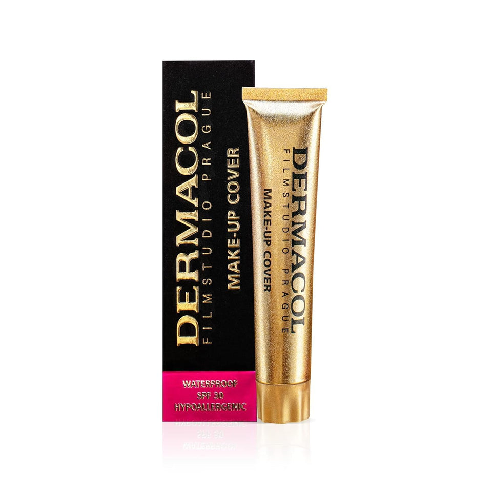 Dermacol full-coverage foundation bottle shows matte finish for flawless complexion.