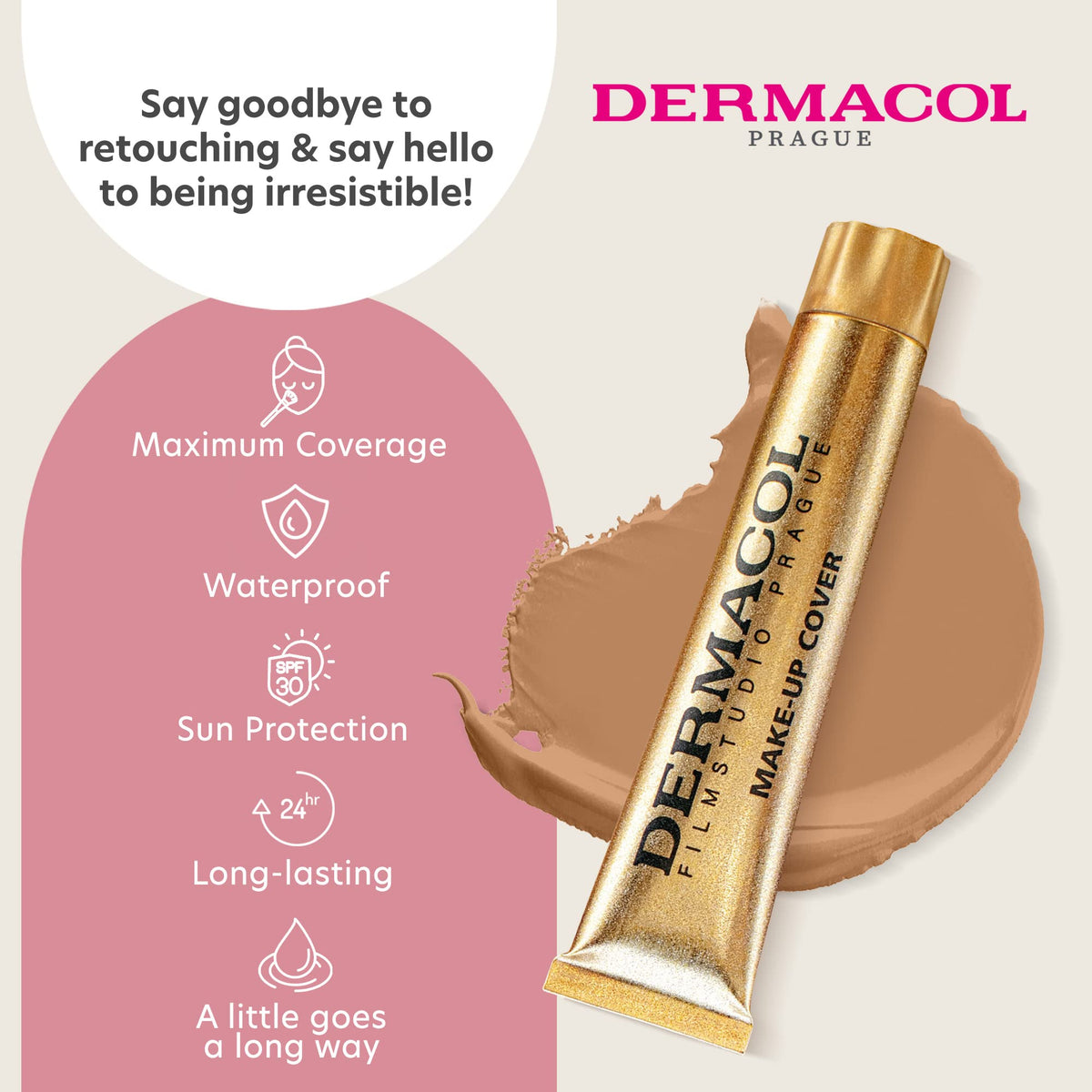 Dermacol full-coverage foundation tube highlights long-lasting wear through the day.