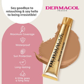 Dermacol full-coverage foundation tube highlights long-lasting wear through the day.