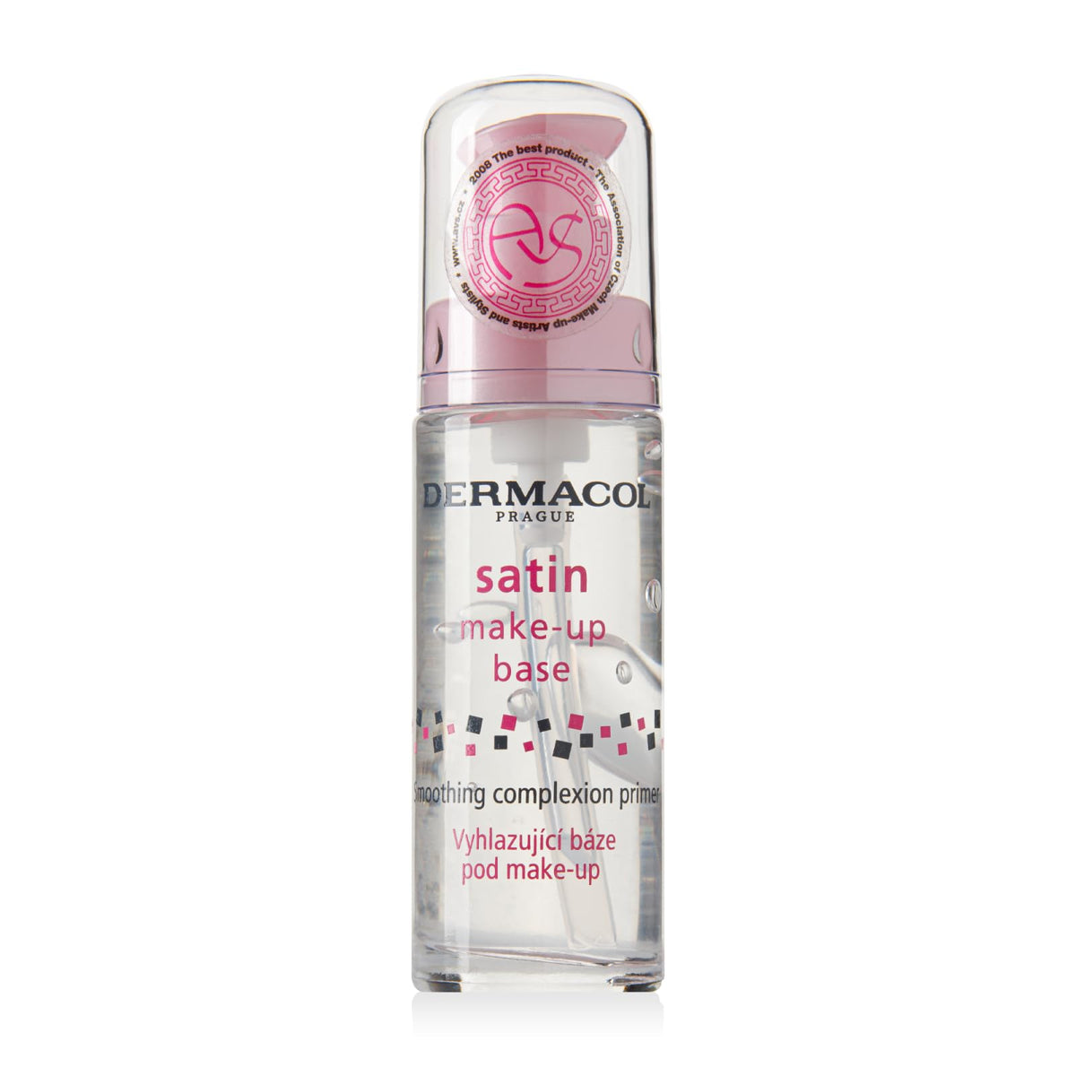 Dermacol Satin Makeup Base bottle close-up shows a silky, long-wearing primer.
