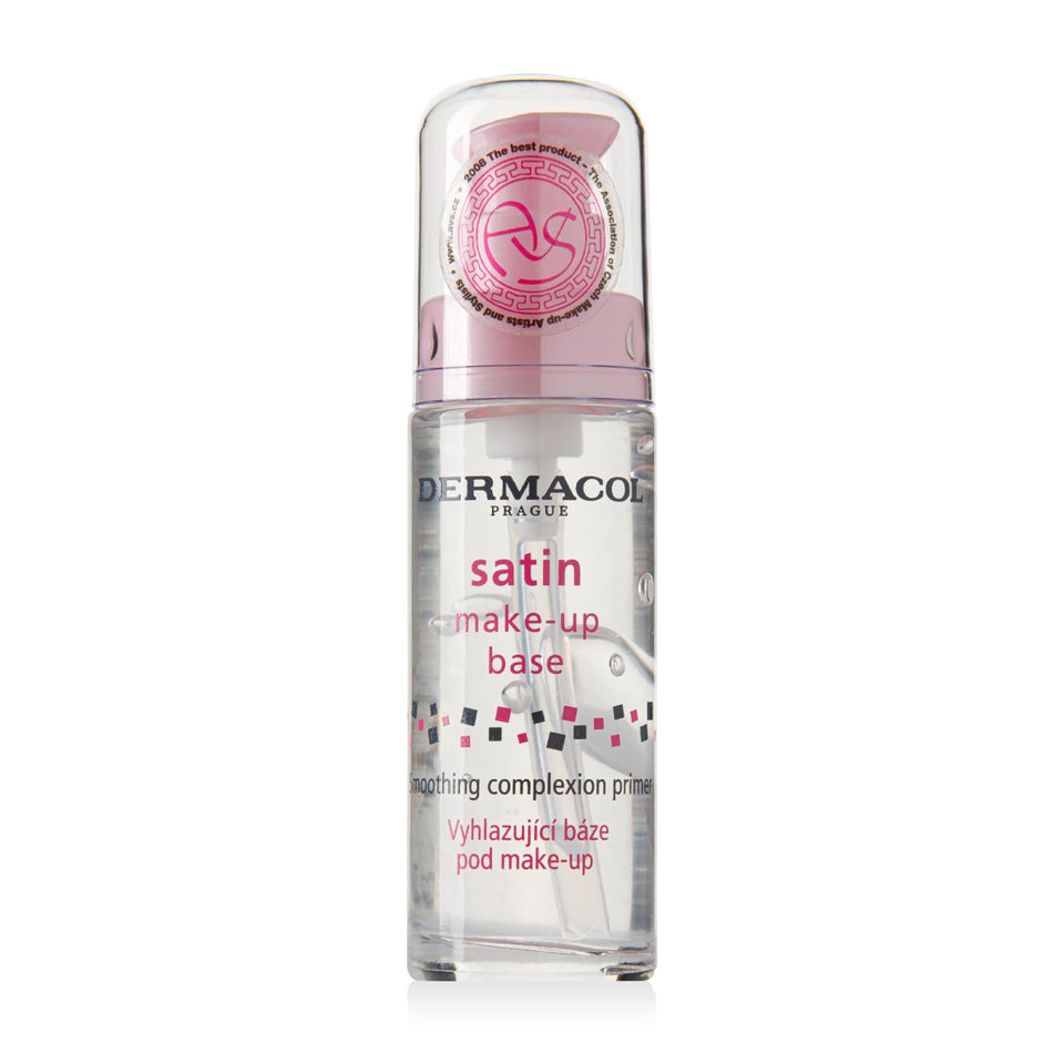 Dermacol Satin Makeup Base bottle close-up shows a silky, long-wearing primer.
