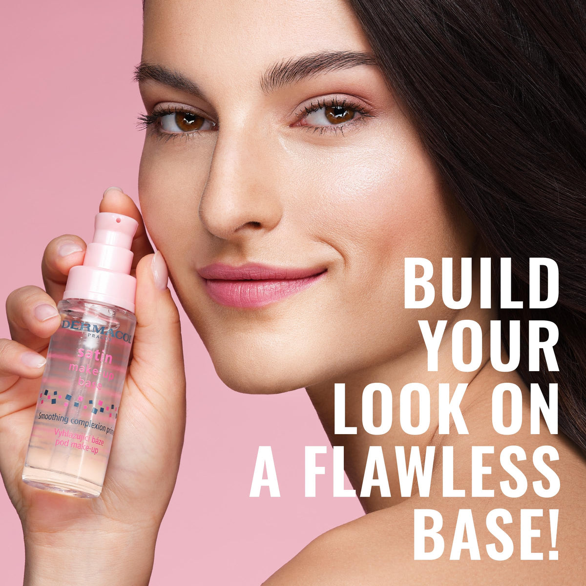 Dermacol Satin Makeup Base bottle-pump view emphasizes easy blending.