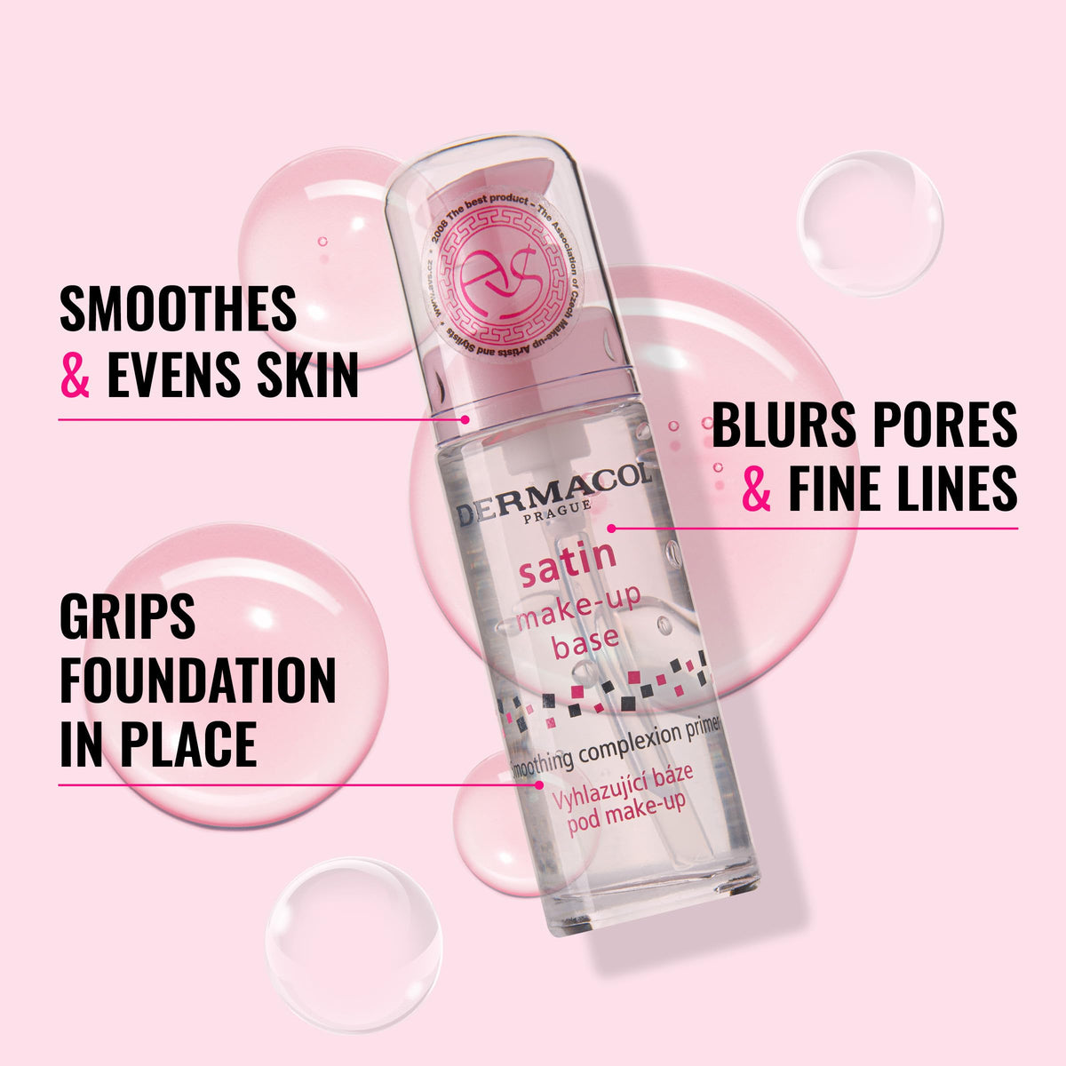 Dermacol Satin Makeup Base swatch on skin demonstrates seamless blending and pore blurring.