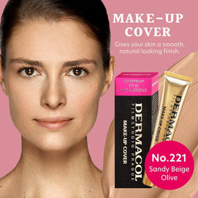 Dermacol SPF 30 waterproof foundation 221 on face offers long-lasting wear.