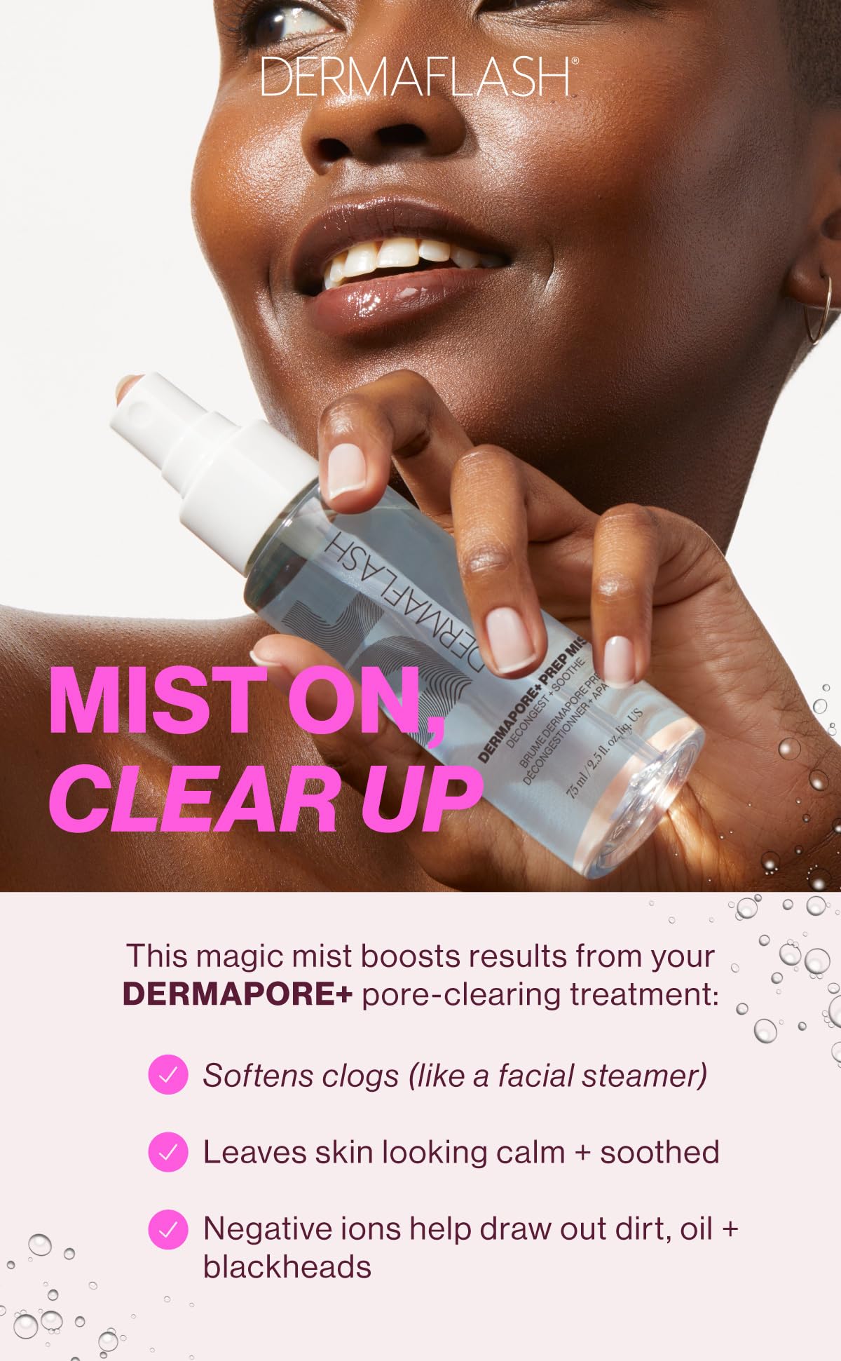 DERMAFLASH Prep Mist spray bottle showing vegan formula for soothing pores.
