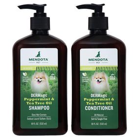 DERMagic peppermint tea tree shampoo bottle for dogs with a refreshing cleansing aroma