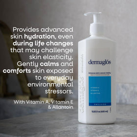 Lotion on bathroom shelf suggesting easy daily use and lightweight hydration.