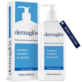 Dermaglós Moisturizing Body Lotion bottle on vanity delivering deep hydration.