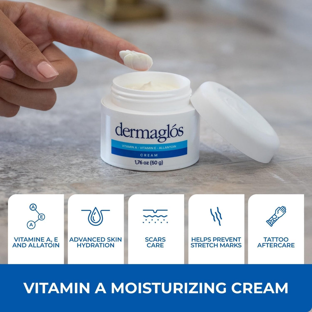 Dermaglós moisturizing cream texture close-up shows rich formula for skin comfort.