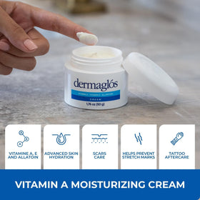 Dermaglós moisturizing cream texture close-up shows rich formula for skin comfort.