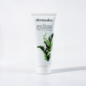 Dermaka lightly tinted mineral sunscreen bottle with SPF 42 for daily protection.