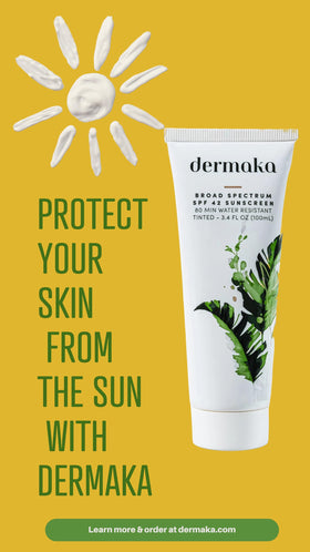 Dermaka sunscreen bottle beside beach scene illustrating reef-safe use.