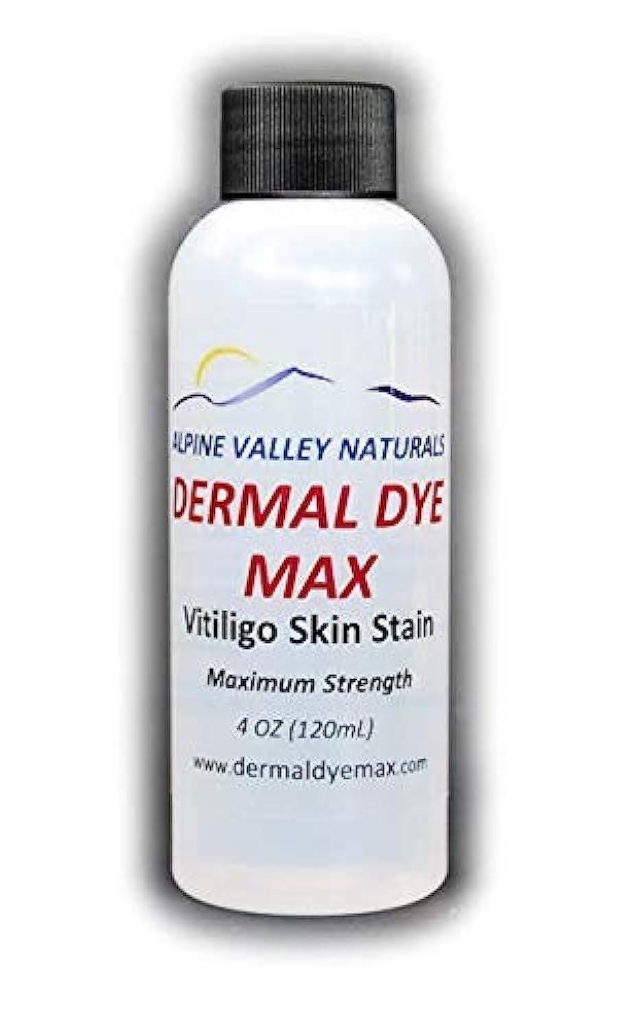 Dermal Dye Max vitiligo stain bottle applying to a patch for darker, more even skin tone.