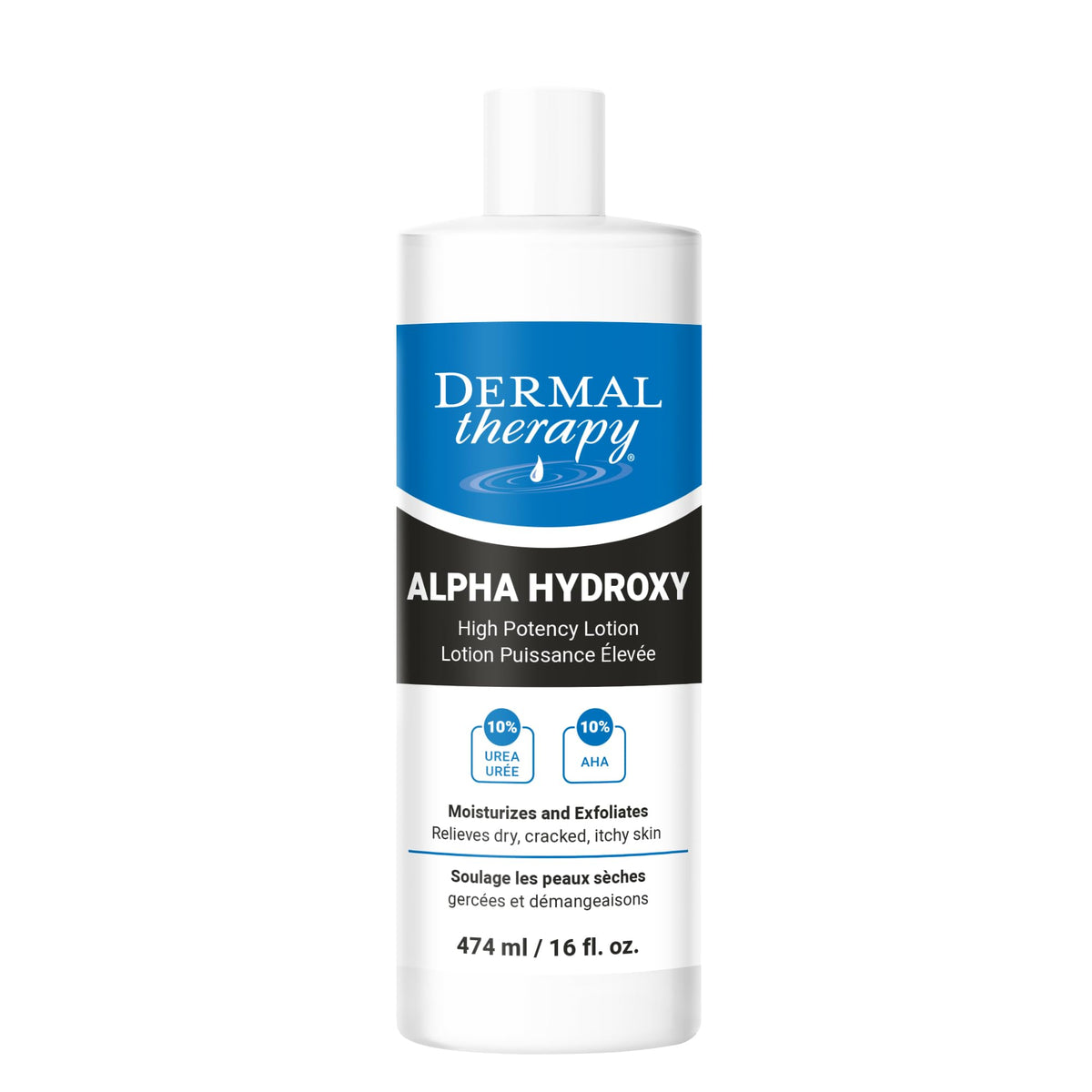 Dermal Therapy Alpha Hydroxy Lotion bottle pour demonstrates quick-absorbing hydration.