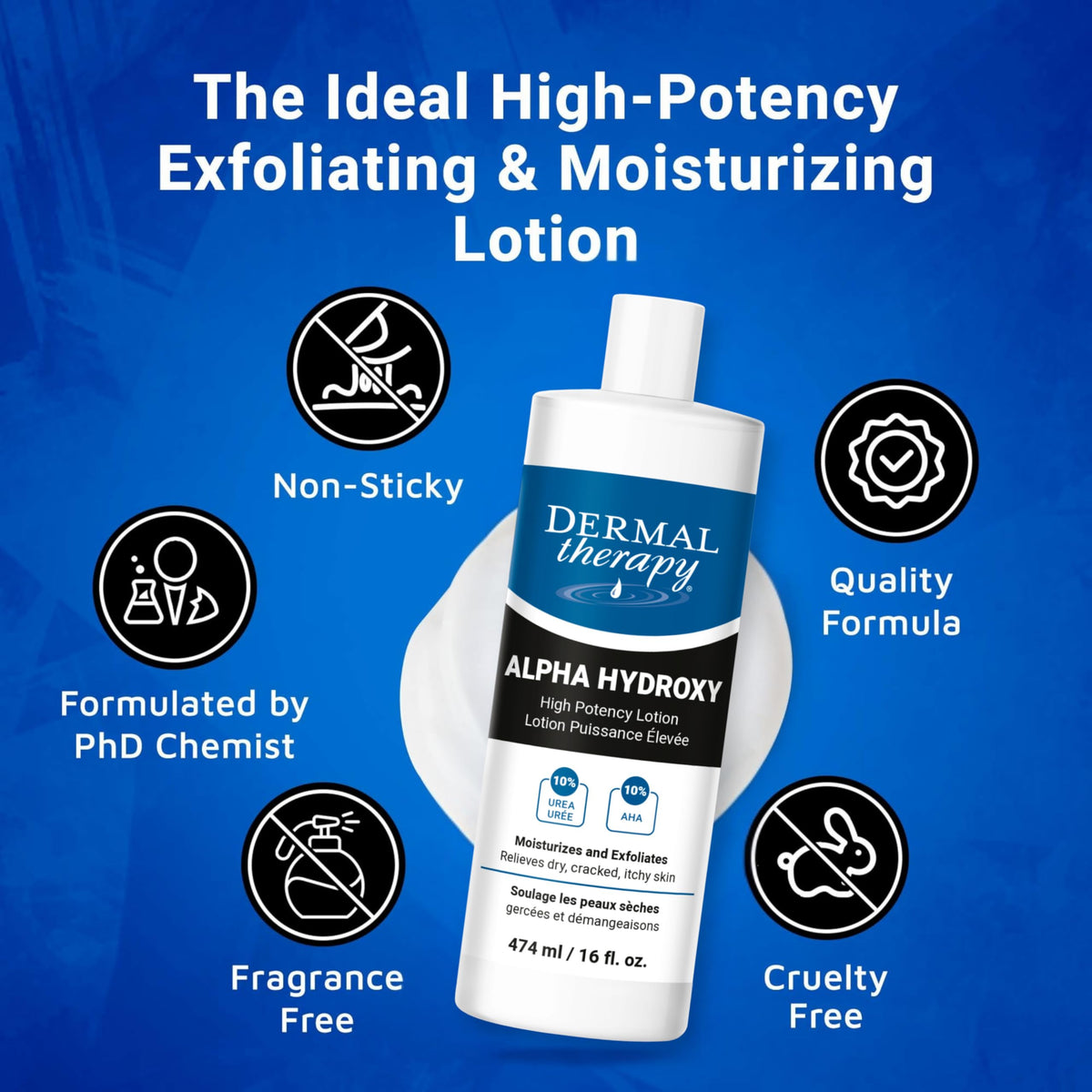 Dermal Therapy Alpha Hydroxy Lotion texture swatch highlights non-greasy finish.