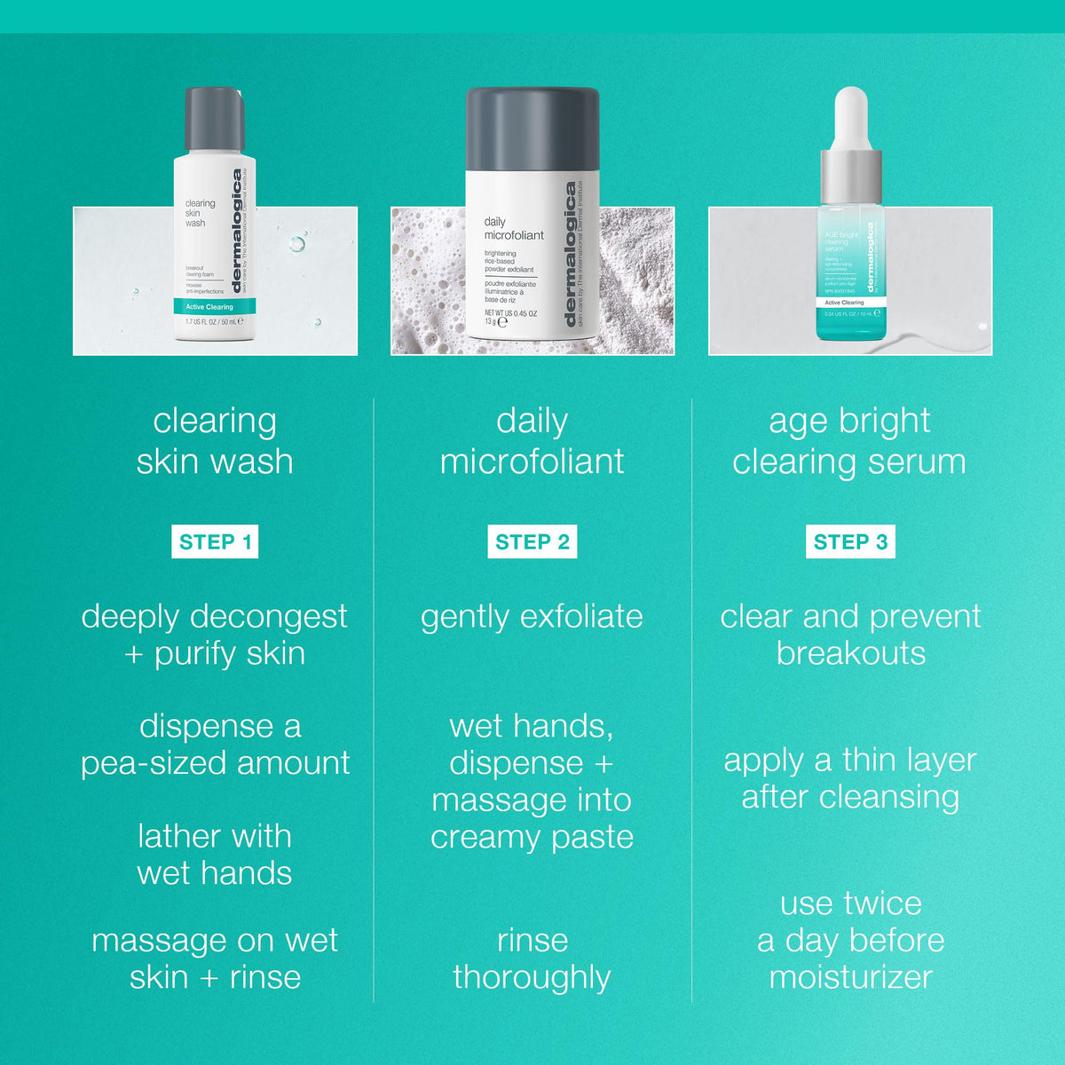 Morning routine with Dermalogica kit: cleanse, exfoliate, serum.
