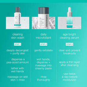 Morning routine with Dermalogica kit: cleanse, exfoliate, serum.
